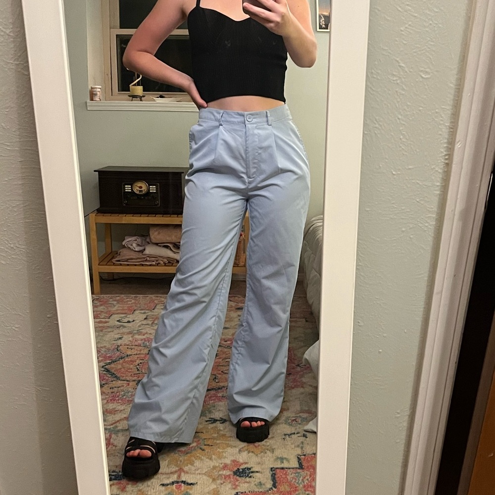 Pretty little thing high waisted pleated baby blue trousers/pants- US 4
